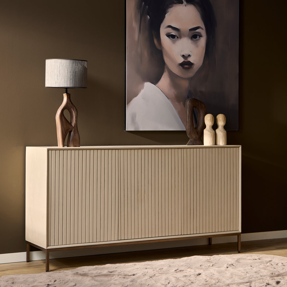 Dressoir - Zand Mangohout - 3 Deuren met Lattenpatroon - 165 cm