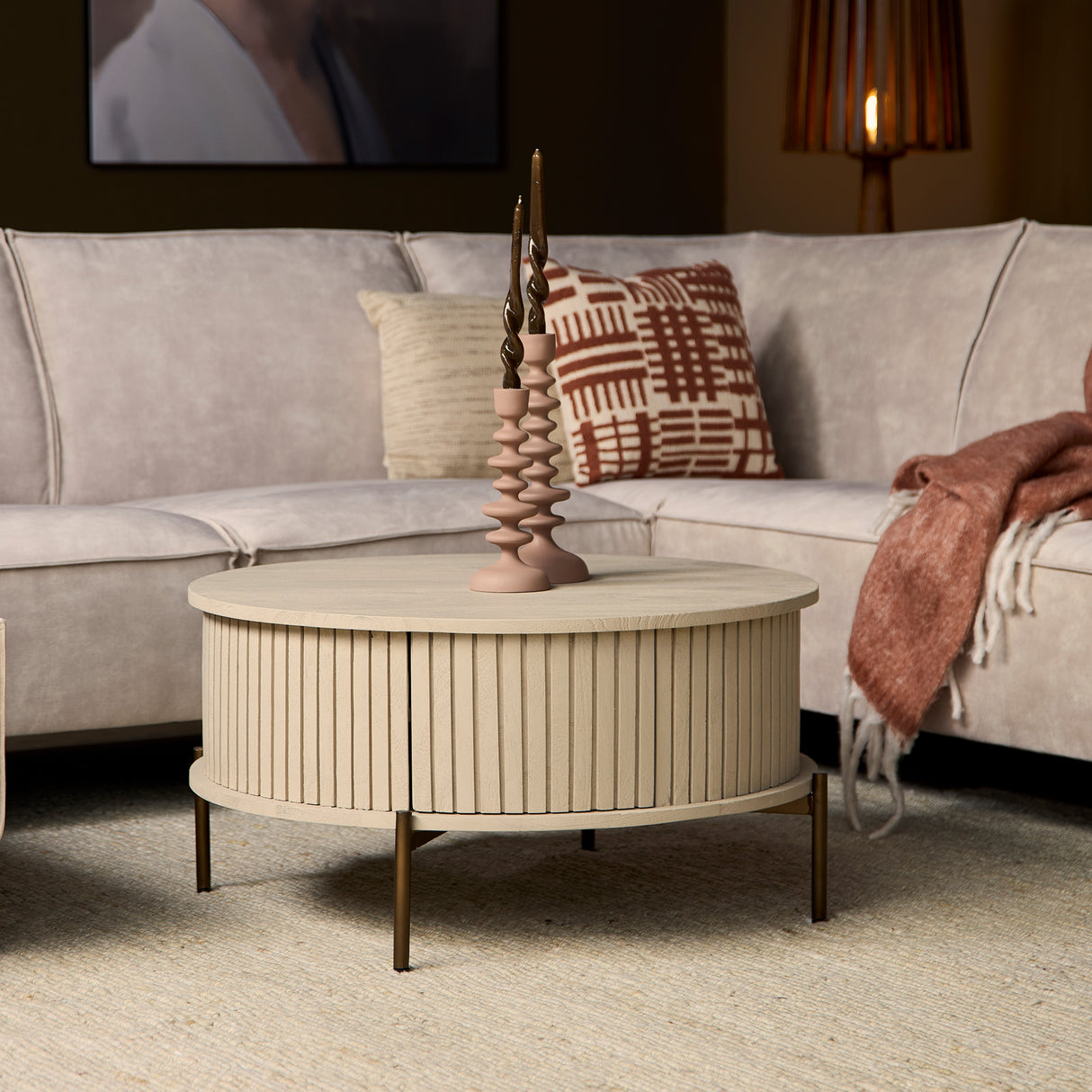 Salontafel Rond - Zand Mangohout - Modern Design met Lades - 80 cm