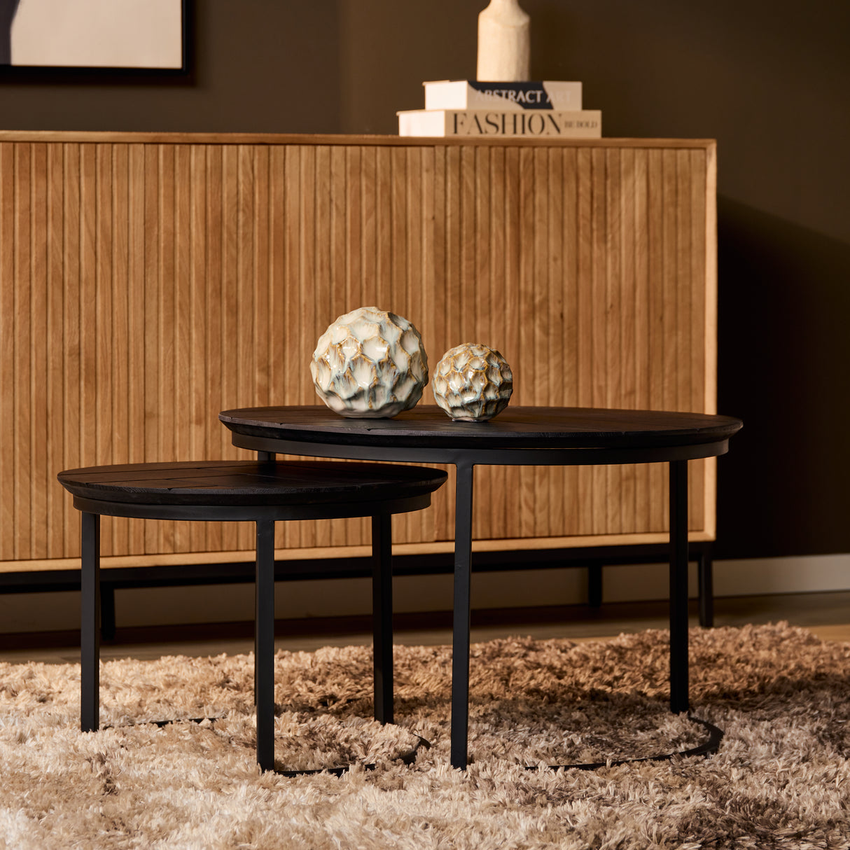 Ronde Salontafel Set Zwart Eikenhout - 70 cm & 50 cm - Zwart Metalen Onderstel