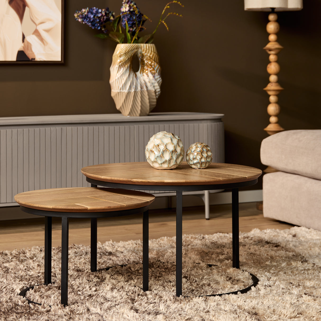 Ronde Salontafel Set Naturel Eikenhout - 70 cm & 50 cm - Zwart Metalen Onderstel