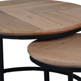 Ronde Salontafel Set Naturel Eikenhout - 70 cm & 50 cm - Zwart Metalen Onderstel