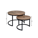 Ronde Salontafel Set Naturel Eikenhout - 70 cm & 50 cm - Zwart Metalen Onderstel