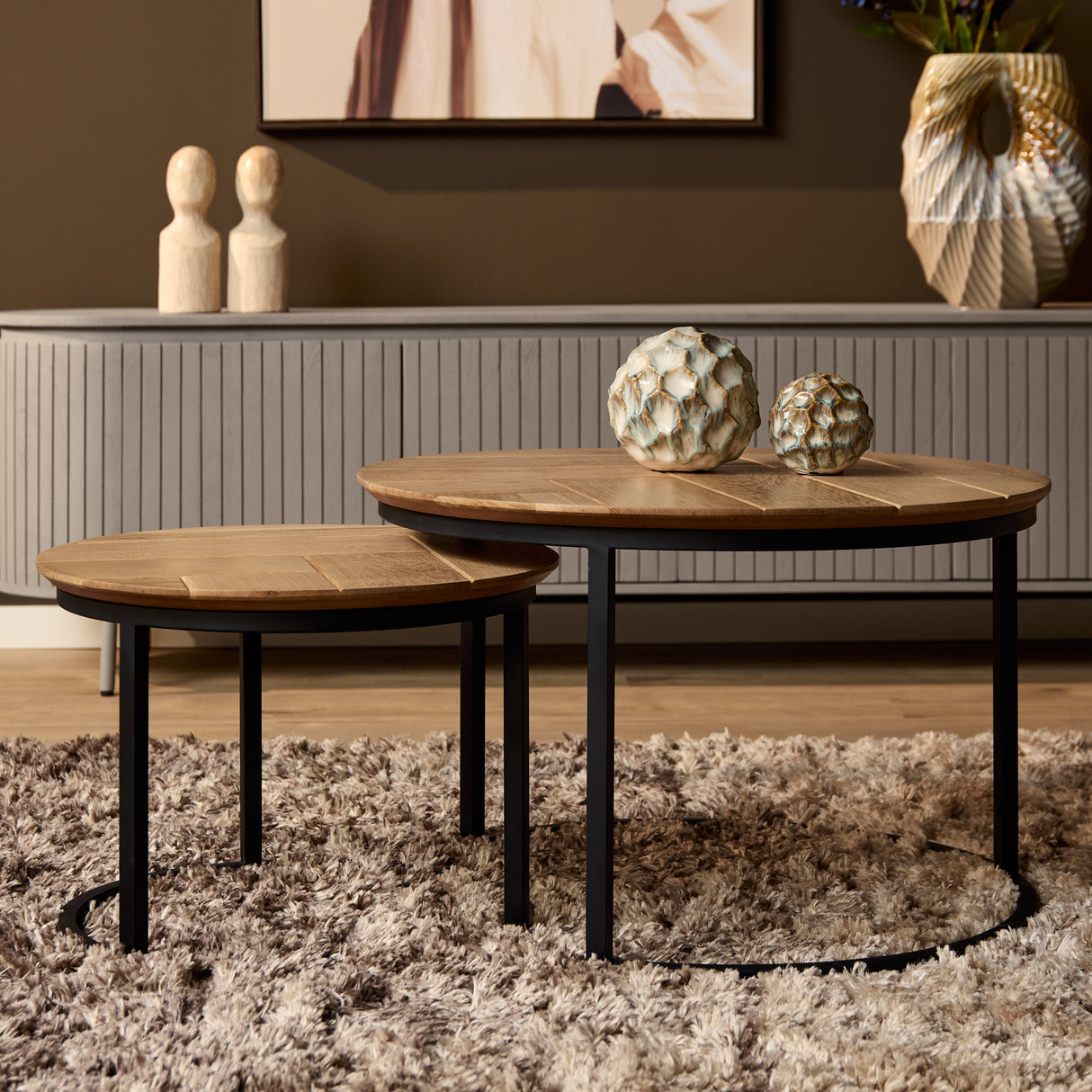 Ronde Salontafel Set Naturel Eikenhout - 70 cm & 50 cm - Zwart Metalen Onderstel