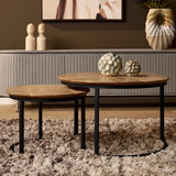 Ronde Salontafel Set Naturel Eikenhout - 70 cm & 50 cm - Zwart Metalen Onderstel