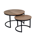 Ronde Salontafel Set Naturel Eikenhout - 70 cm & 50 cm - Zwart Metalen Onderstel