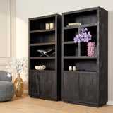 Boekenkast - Zwart - Mangohout - 90 cm - 4 Open Vakken - 2 Deuren