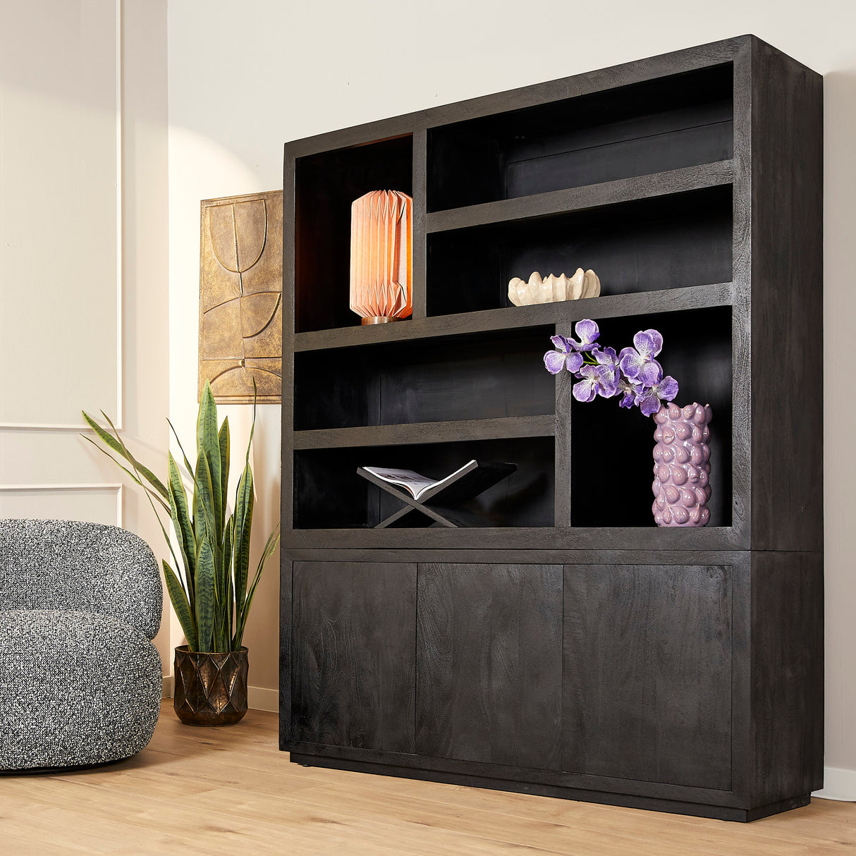 Vakkenkast - Zwart - Mangohout - XL - 160 cm - 3 Deuren
