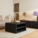 Vierkante Salontafel Zwart Mangohout - 80 cm - Modern Blokdesign met Dubbel Opbergvak