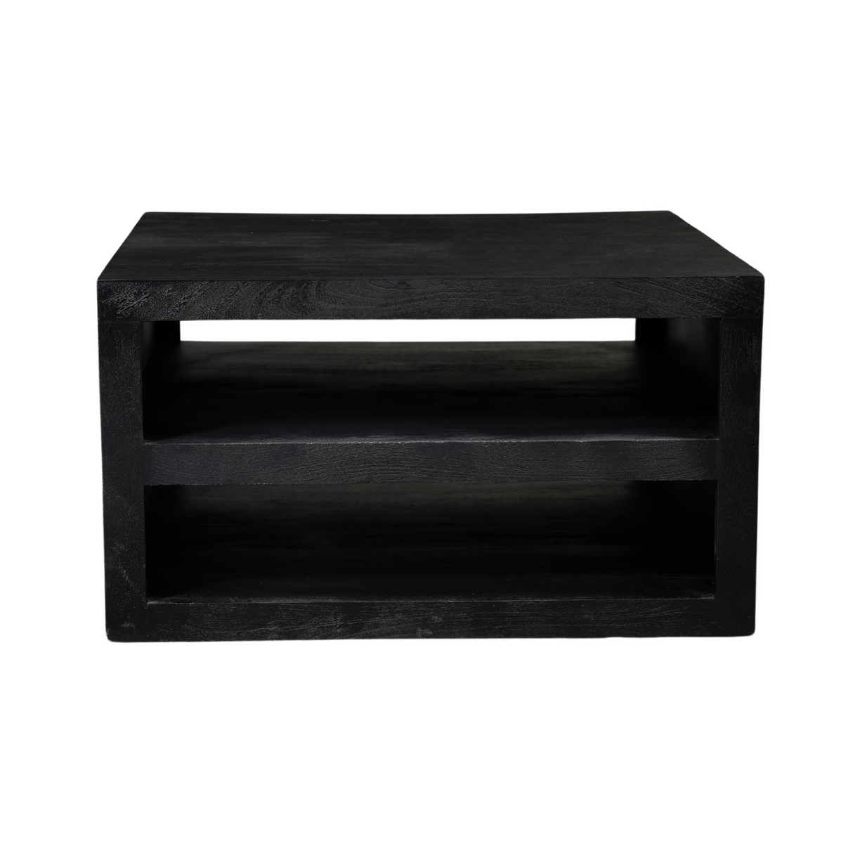 Vierkante Salontafel Zwart Mangohout - 80 cm - Modern Blokdesign met Dubbel Opbergvak