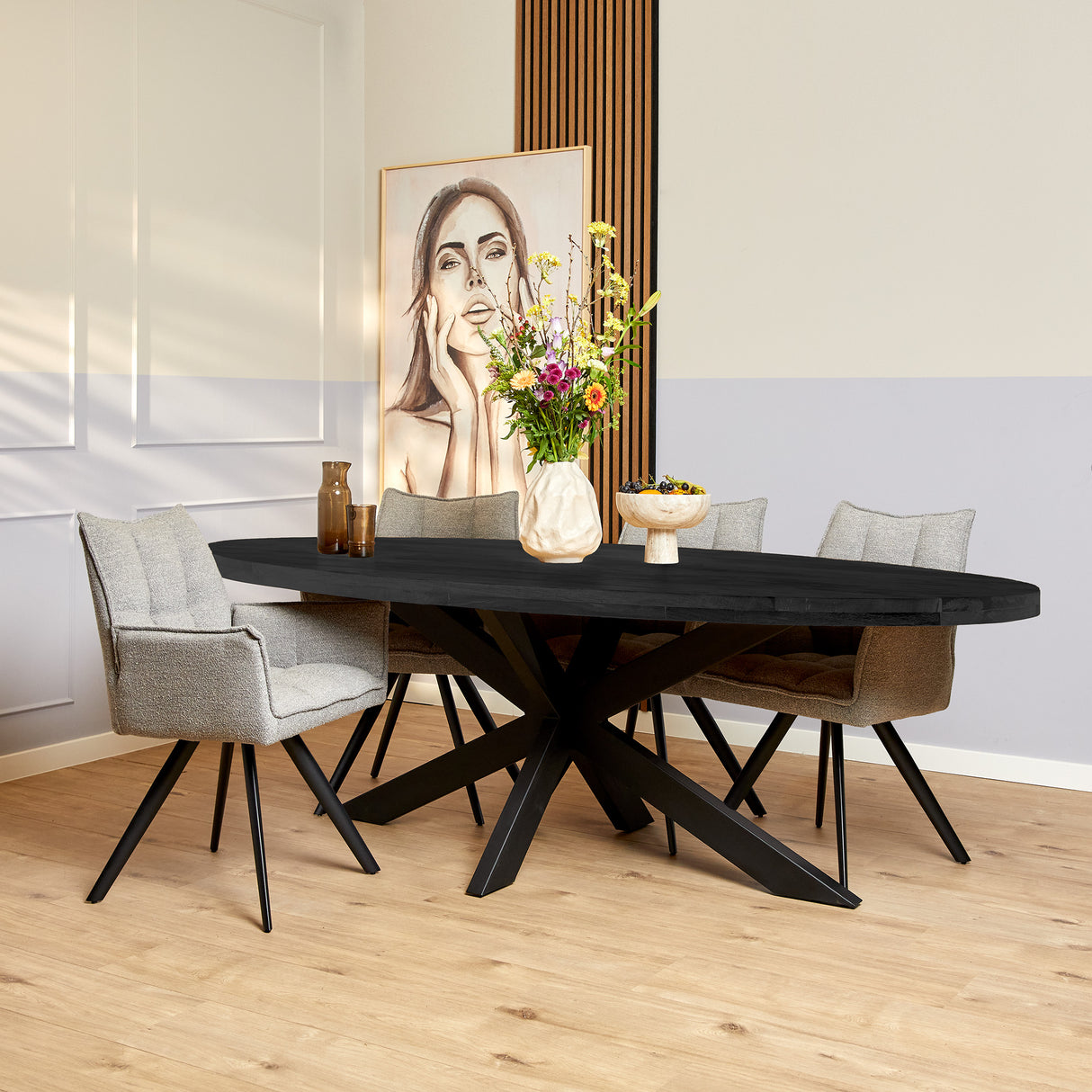 Eettafel - Zwart - Mangohout - Metaal - 240 cm - Ovaal