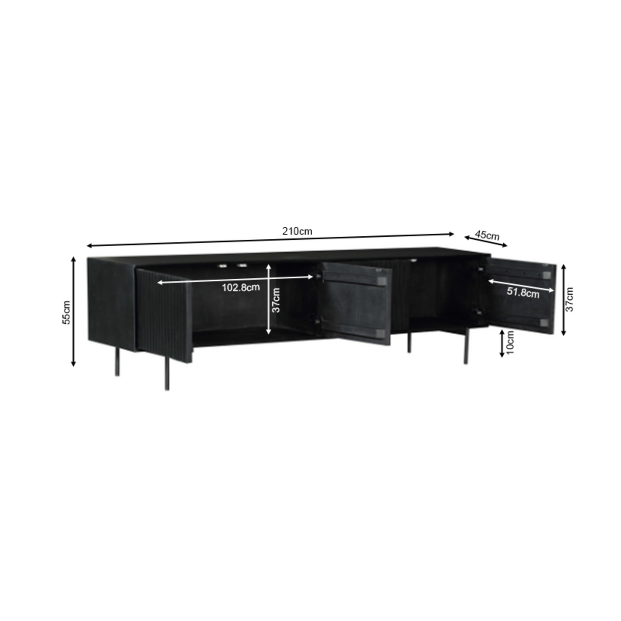 Tv-meubel - Zwart - Mangohout - 210 cm - 4 Deuren