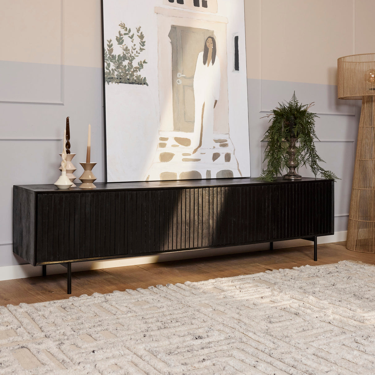Tv-meubel - Zwart - Mangohout - 210 cm - 4 Deuren