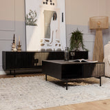 Salontafel - Vierkant - Zwart - Mangohout - 80 cm - 2 Lades - 1 Open Vak