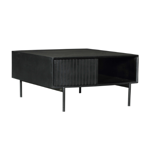 Salontafel - Vierkant - Zwart - Mangohout - 80 cm - 2 Lades - 1 Open Vak