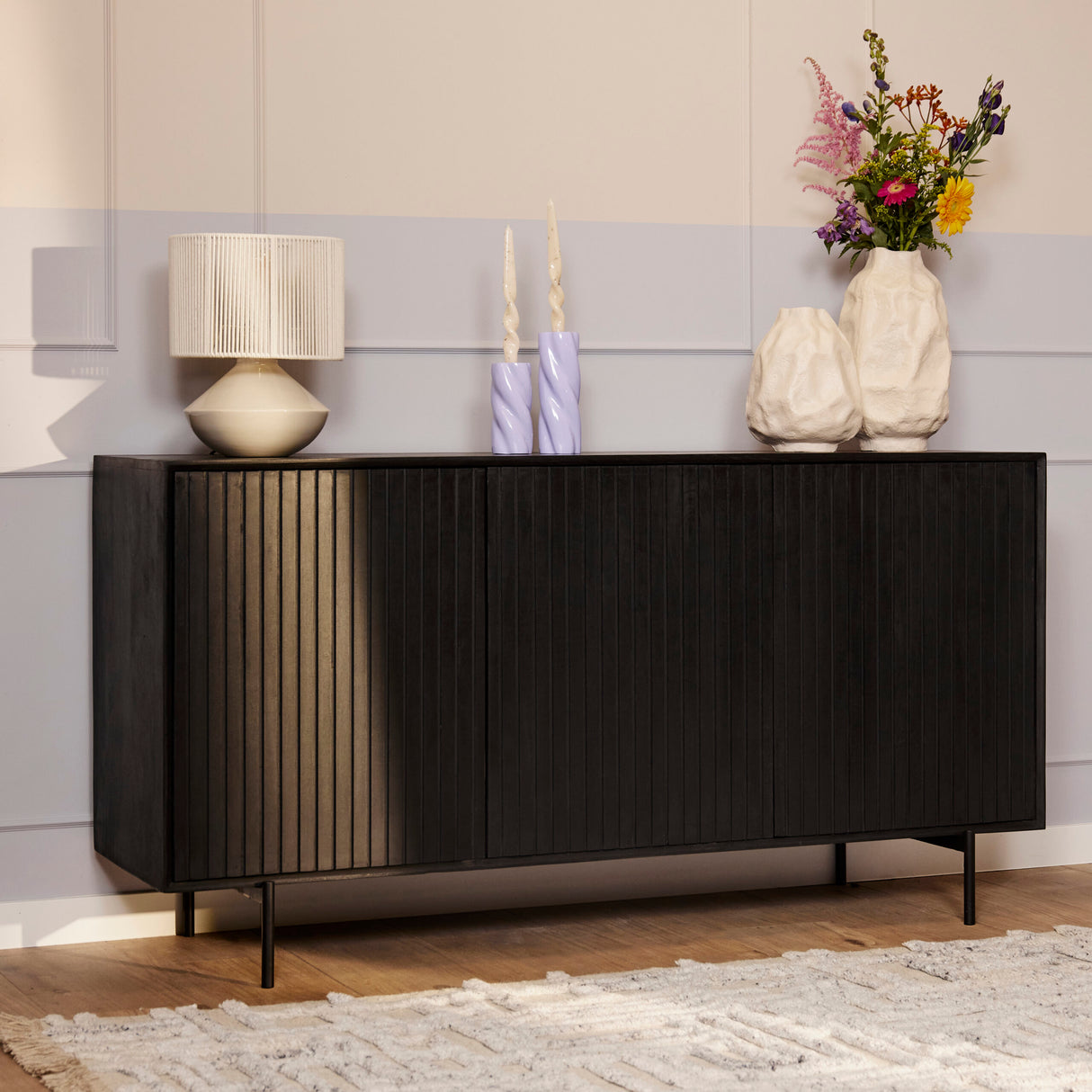 Dressoir - Zwart - Mangohout - 165 cm - 3 Deuren