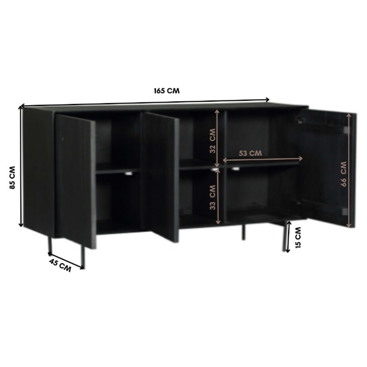 Dressoir - Zwart - Mangohout - 165 cm - 3 Deuren