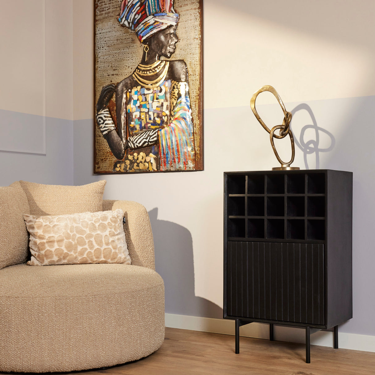 Wijnkast - Zwart - Mangohout - 55 cm