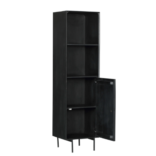 Boekenkast - Zwart - Mangohout - Metaal - 55 cm - 1 Deur - 2 Open Vakken