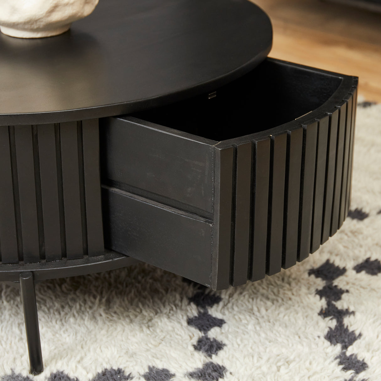Salontafel - Rond - Zwart - Mangohout - 80 cm - 2 Lades
