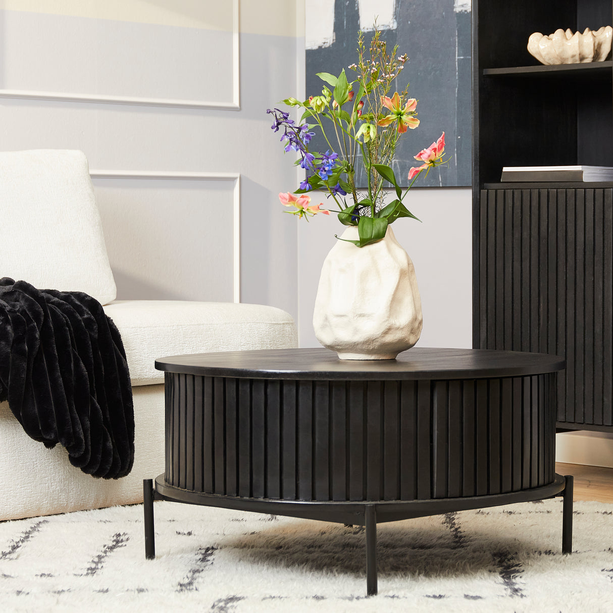 Salontafel - Rond - Zwart - Mangohout - 80 cm - 2 Lades