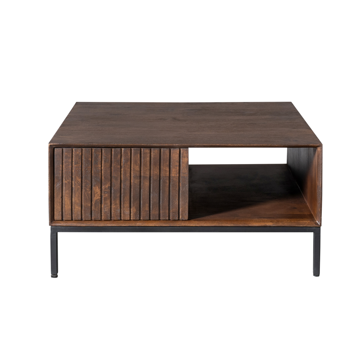 Vierkante Salontafel - Bruin Mangohout - 80 x 80 cm - Lattenpatroon - 2 Lades & Open Vak