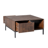 Vierkante Salontafel - Bruin Mangohout - 80 x 80 cm - Lattenpatroon - 2 Lades & Open Vak