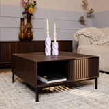 Vierkante Salontafel - Bruin Mangohout - 80 x 80 cm - Lattenpatroon - 2 Lades & Open Vak