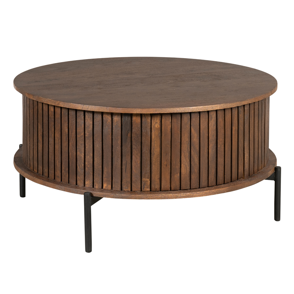 Ronde Salontafel - Bruin Mangohout - 80 cm - Verticaal Lattenpatroon - 2 Lades