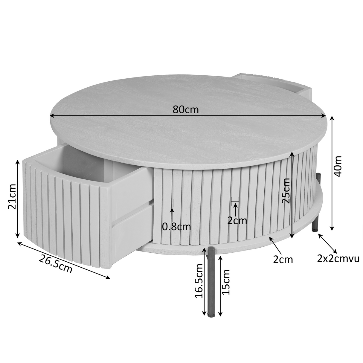 Ronde Salontafel - Bruin Mangohout - 80 cm - Verticaal Lattenpatroon - 2 Lades