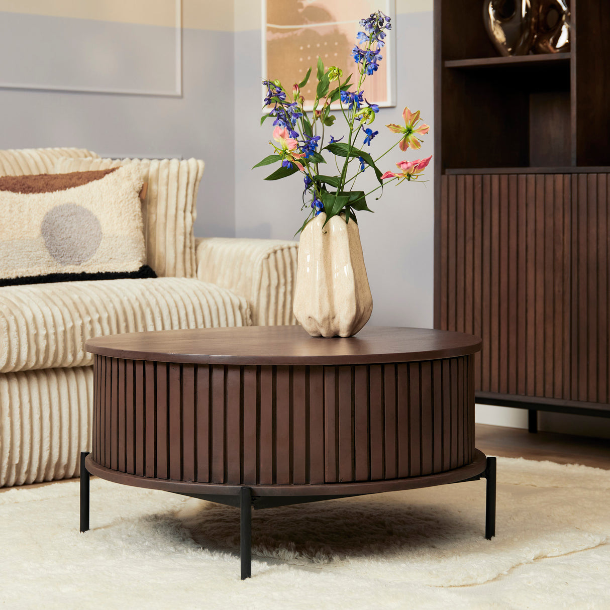 Ronde Salontafel - Bruin Mangohout - 80 cm - Verticaal Lattenpatroon - 2 Lades