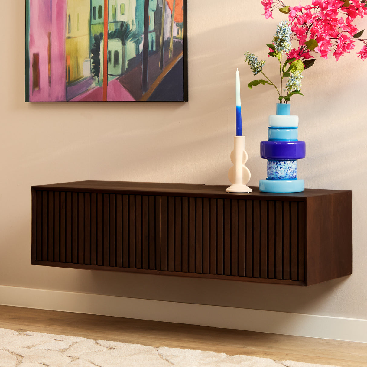 Zwevend TV-meubel - Bruin Mangohout - 120 cm - Lattenstructuur