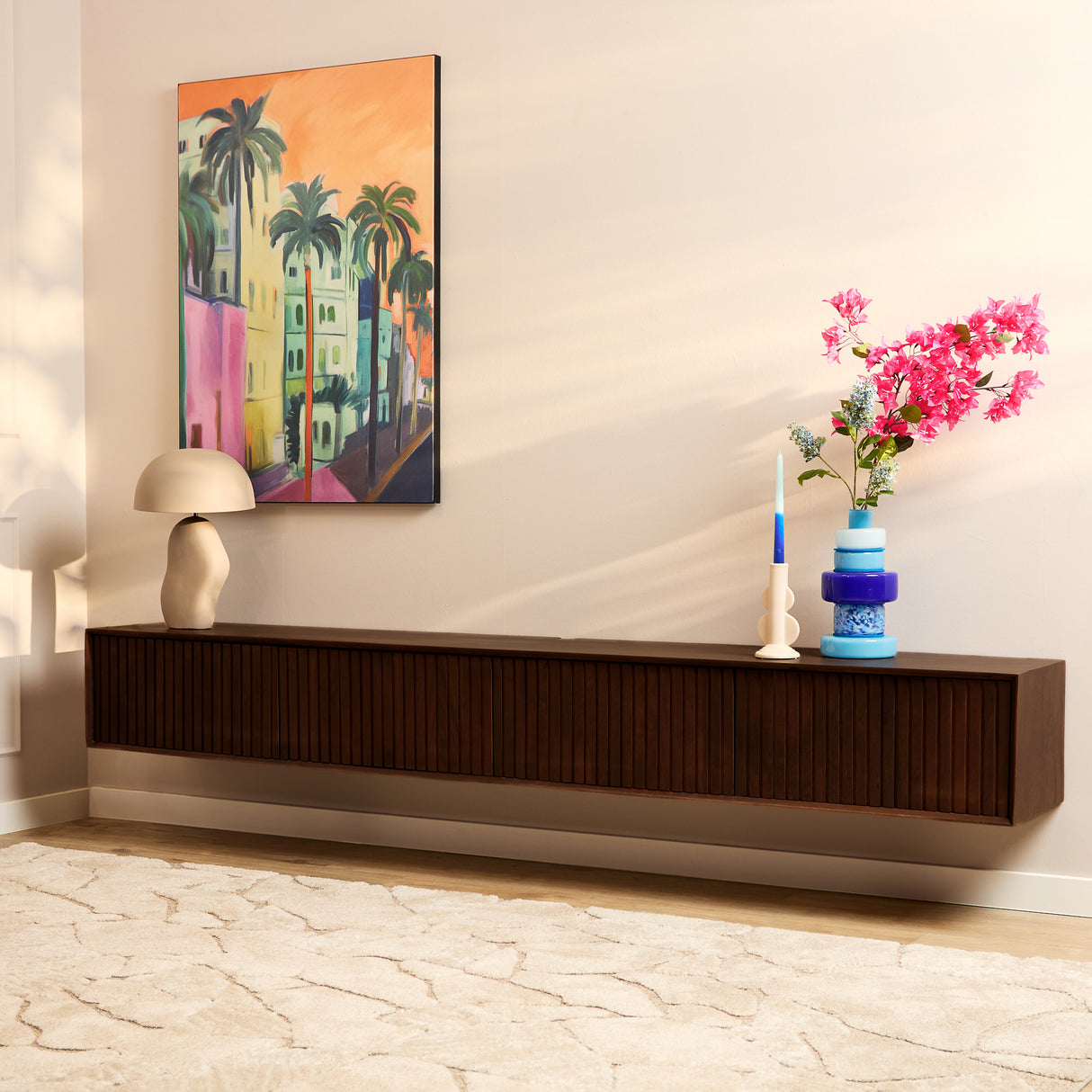 Zwevend TV-meubel - Bruin Mangohout - 240 cm - Lattenstructuur