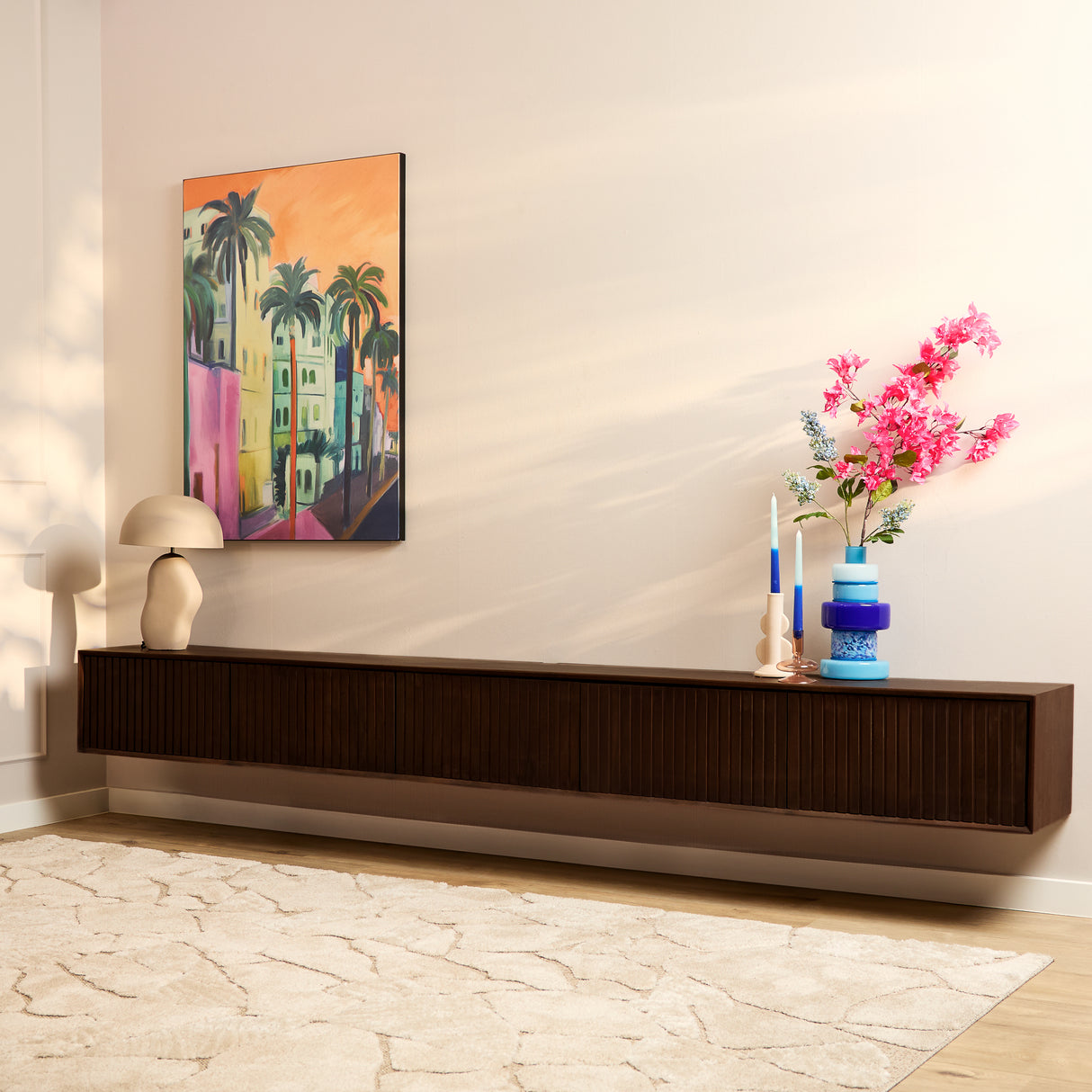 Zwevend TV-meubel - Bruin Mangohout - 280 cm - Lattenstructuur