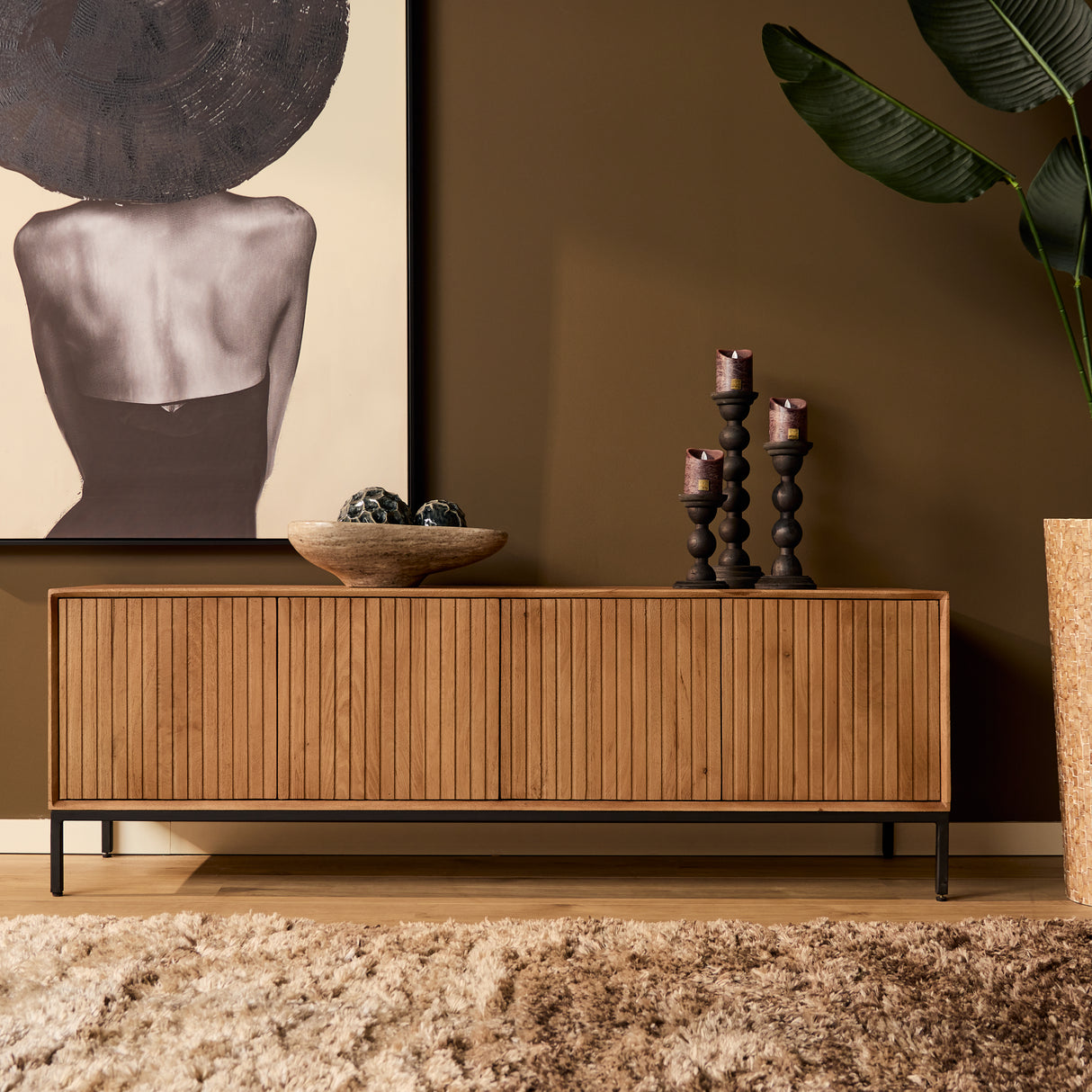 Tv-meubel - Naturel Mangohout - 165 cm - Verticaal Lattenpatroon