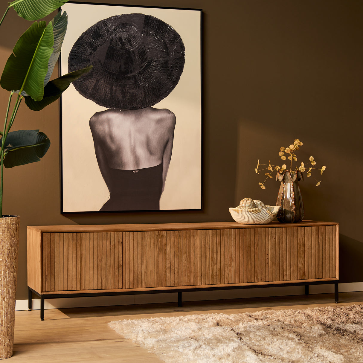 Tv-meubel - Naturel Mangohout - 210 cm - Verticaal Lattenpatroon