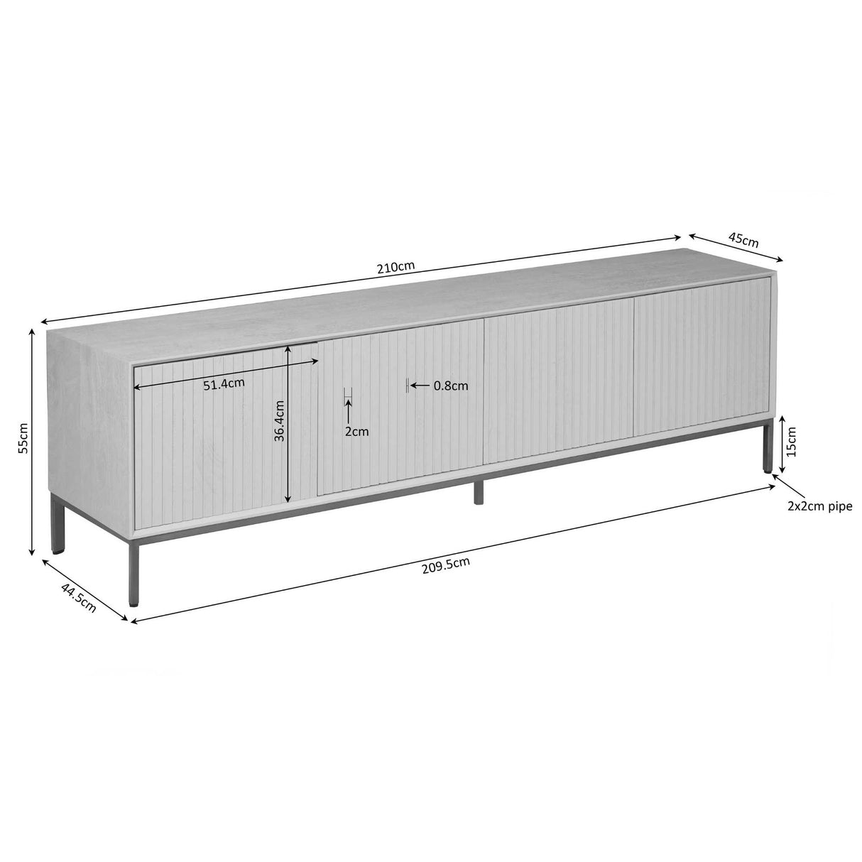 Tv-meubel - Naturel Mangohout - 210 cm - Verticaal Lattenpatroon