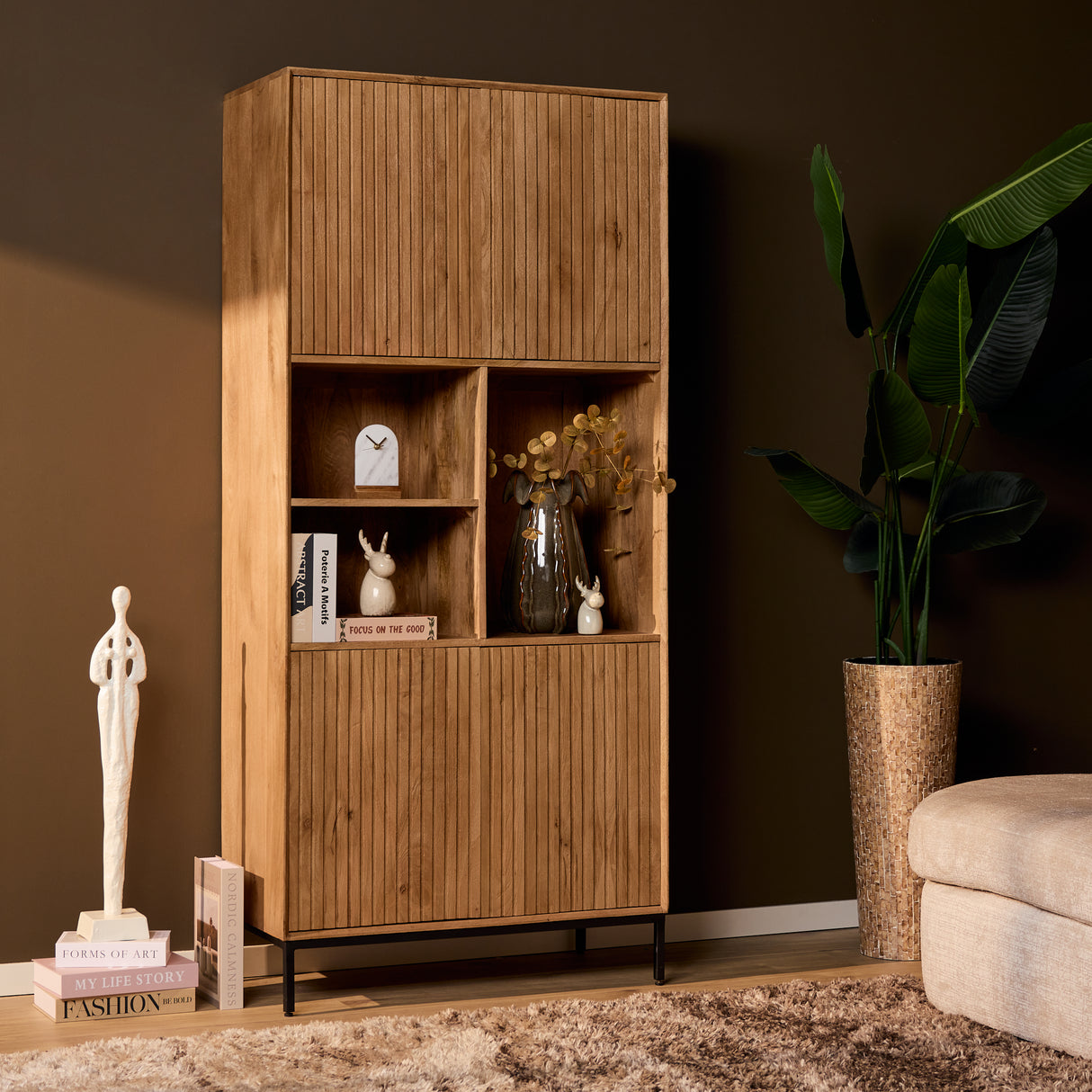 Vakkenkast - Naturel Mangohout - 90 cm - Verticaal Lattenpatroon