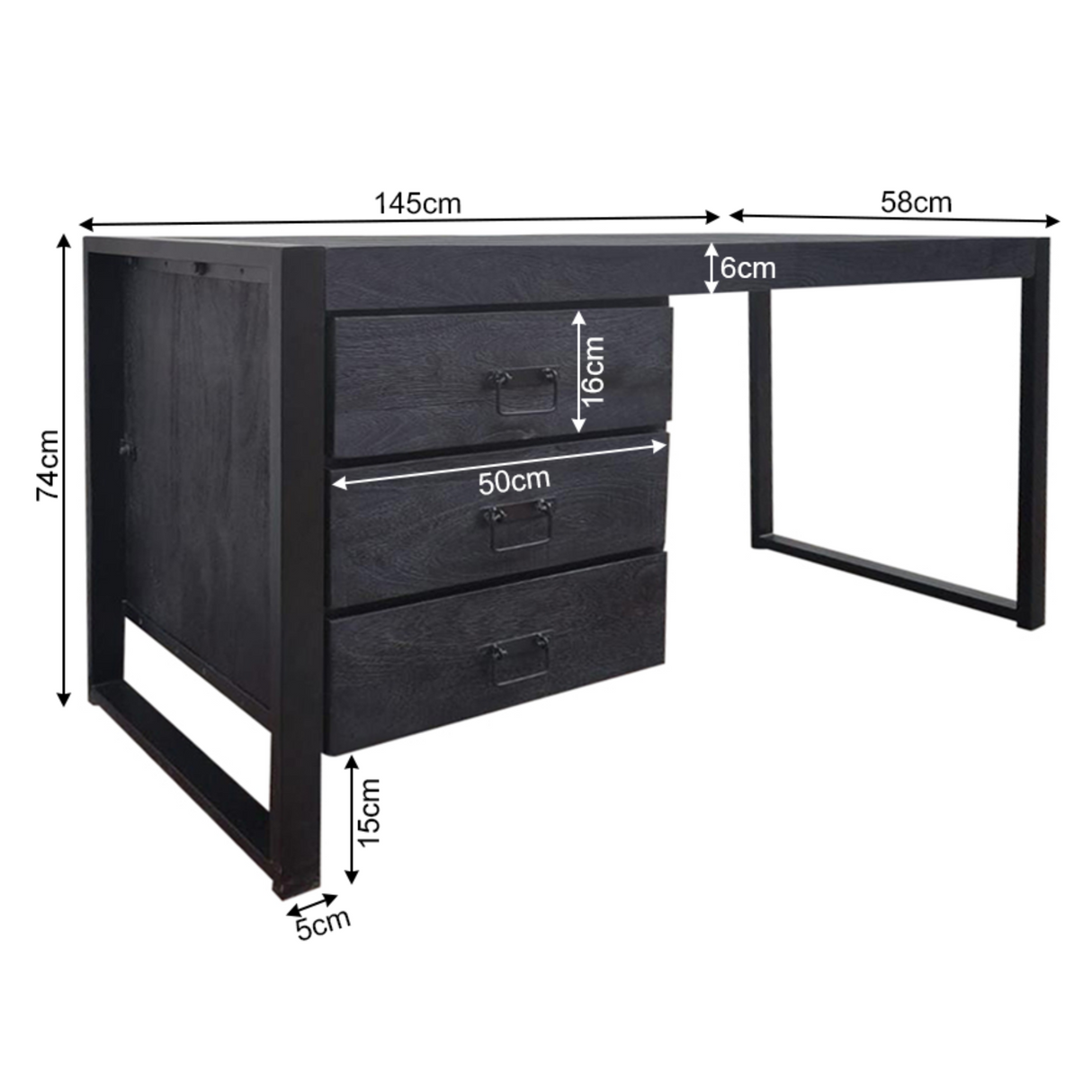Bureau - Zwart - Mangohout - Metaal - 145 cm - 3 lades