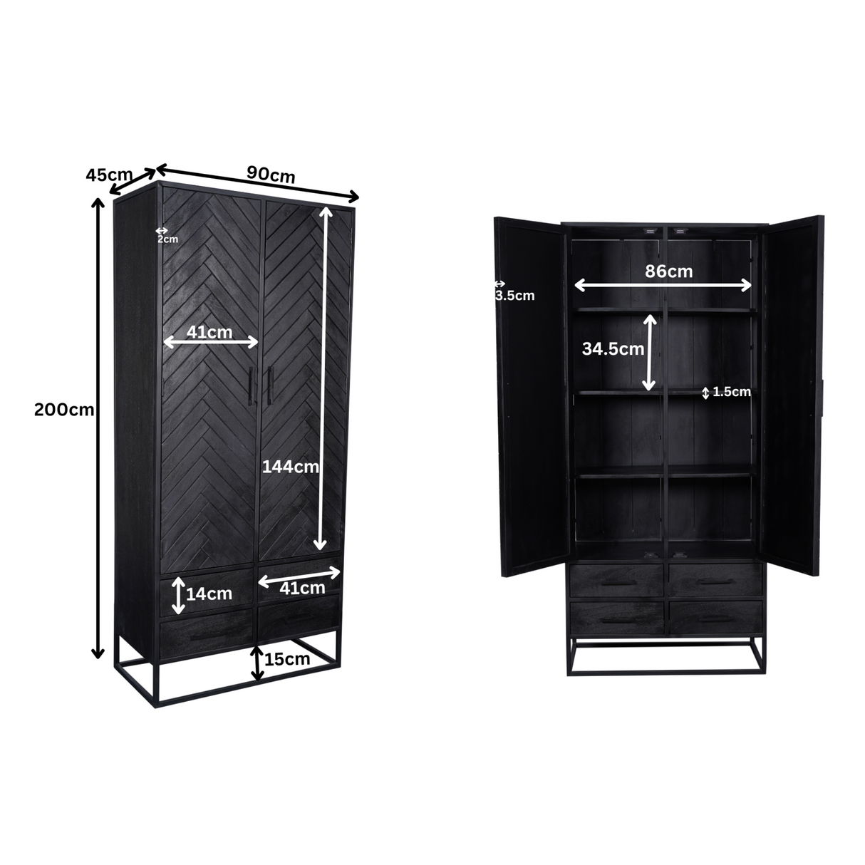Kabinet - Zwart Mangohout - Visgraat - 90x200 cm