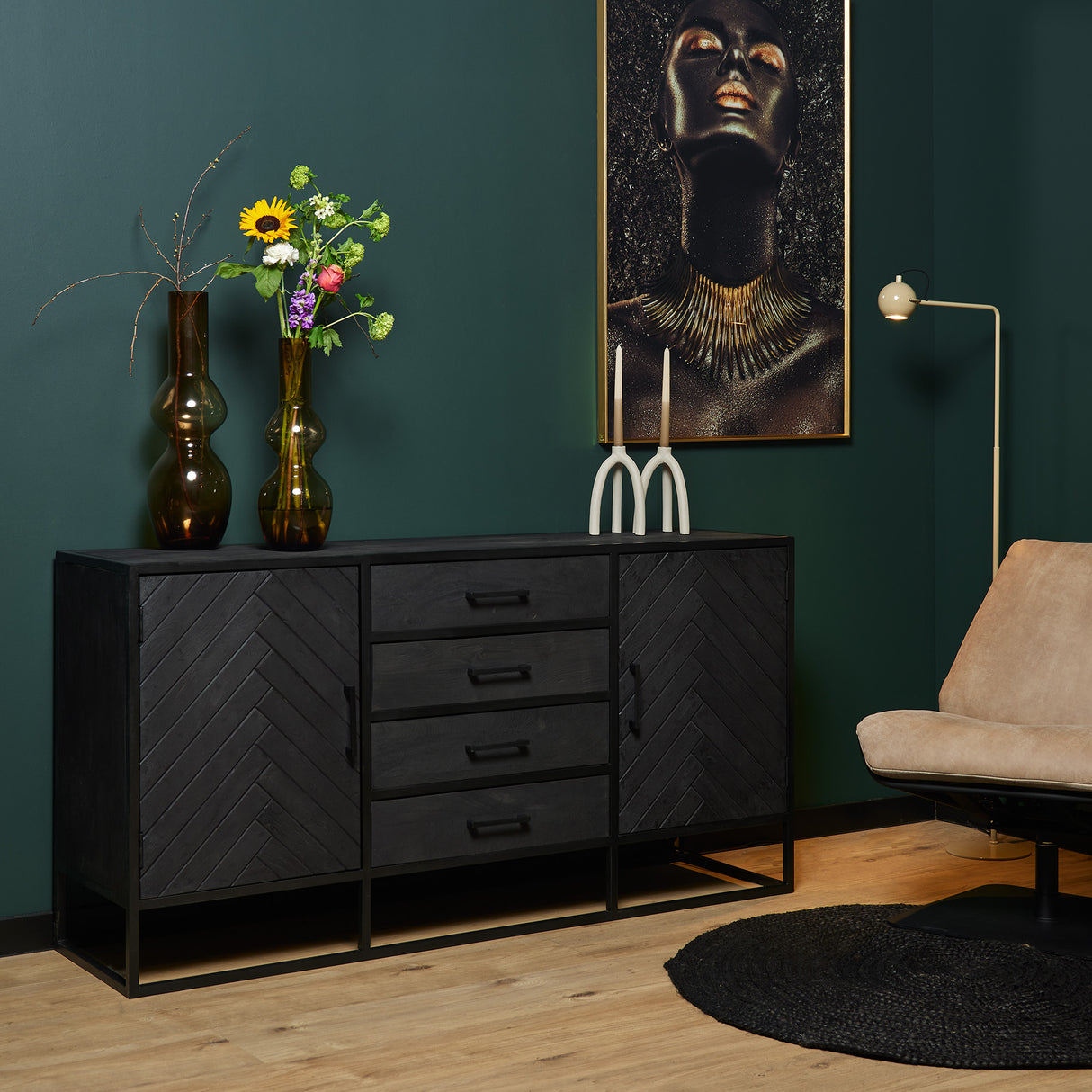 Dressoir - Zwart Mangohout met Visgraat - 165x45 cm - 2 Deuren & 4 Laden