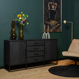 Dressoir - Zwart Mangohout met Visgraat - 165x45 cm - 2 Deuren & 4 Laden