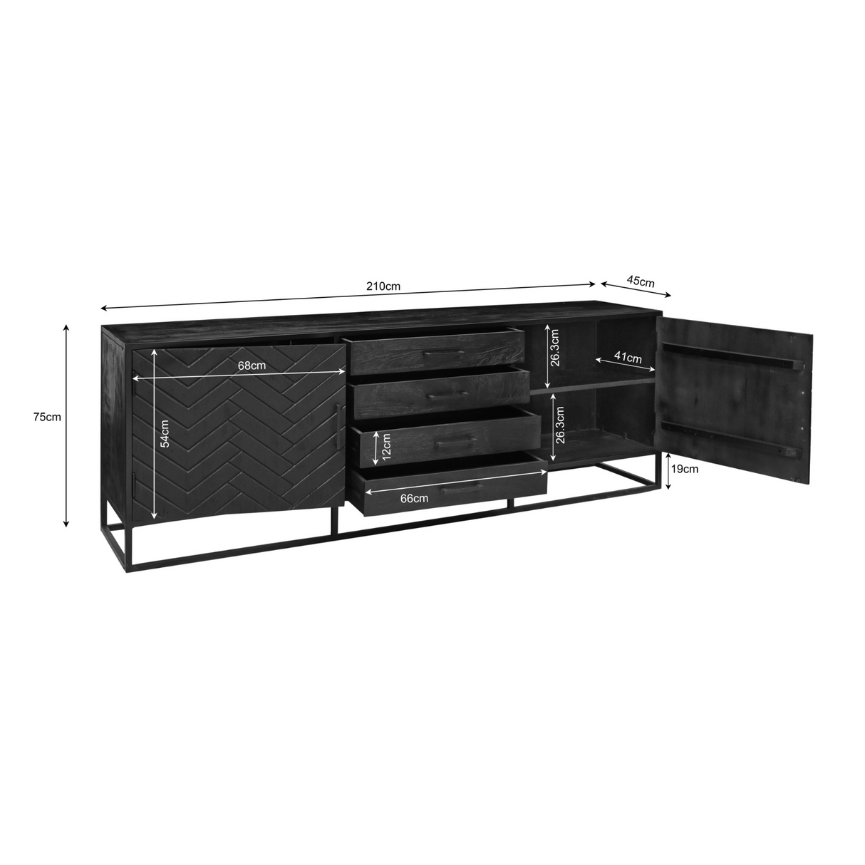 Dressoir - Zwart Mangohout met Visgraat - 210x45 cm - 2 Deuren & 4 Laden