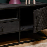 Tv-meubel - Zwart Mangohout met Visgraat - 165x45 cm - 2 Deuren, 1 Lade & Open Vak