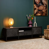 Tv-meubel - Zwart Mangohout met Visgraat - 165x45 cm - 2 Deuren, 1 Lade & Open Vak
