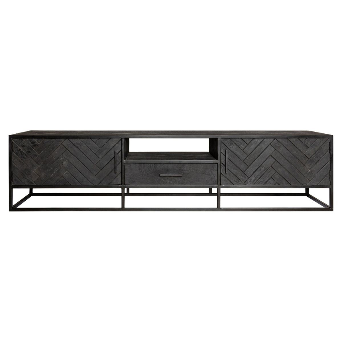Industrieel TV-Meubel - Zwart Mangohout - Visgraat - 210 cm