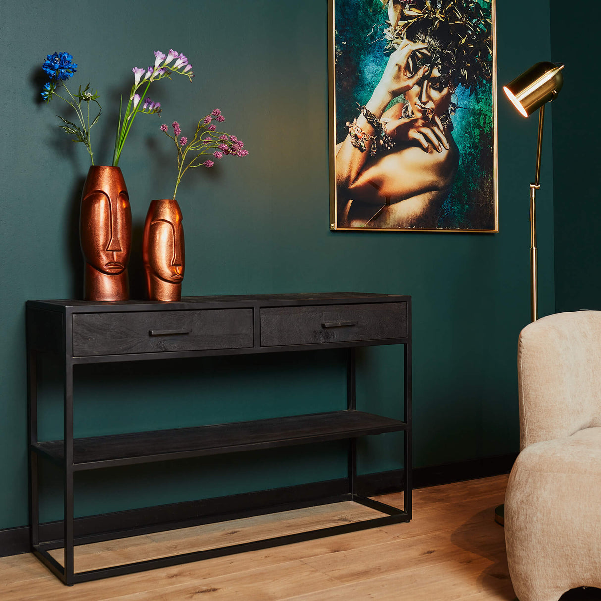 Sidetable - Zwart - Mangohout - Metaal - 120 cm - 2 Lades