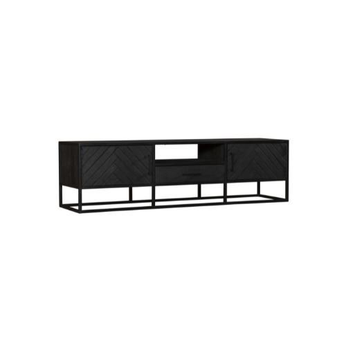 Tv-meubel - Zwart - Mangohout - 180 cm - 2 Deuren - 1 Lade