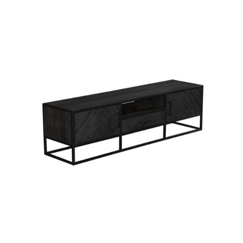 Tv-meubel - Zwart - Mangohout - 180 cm - 2 Deuren - 1 Lade