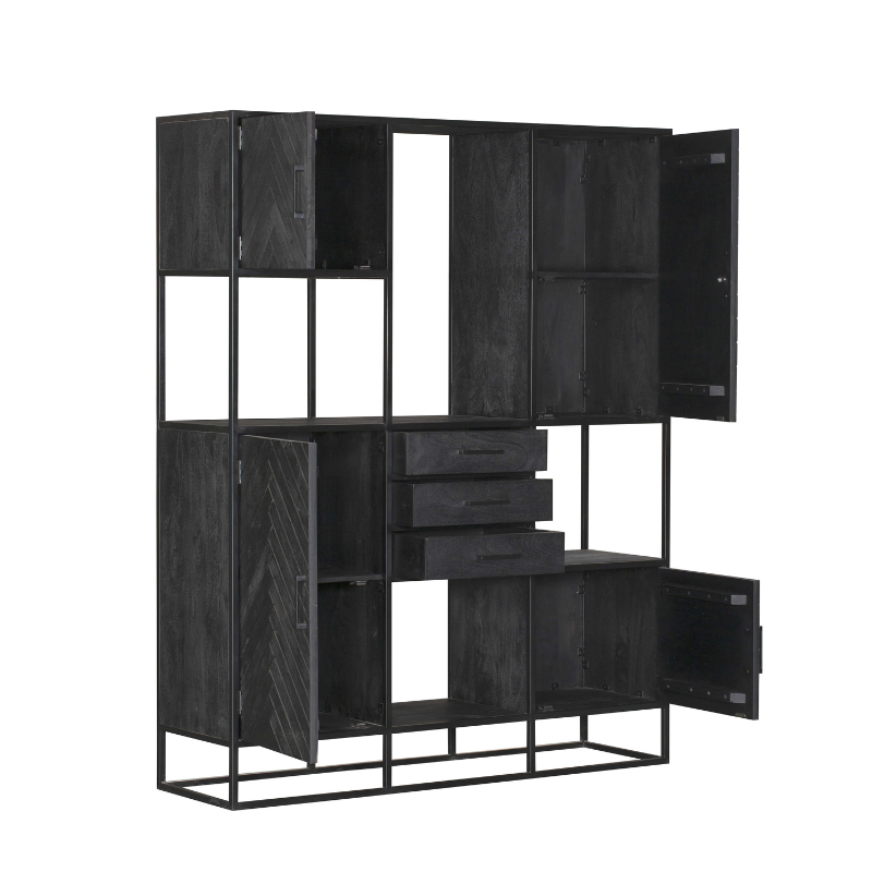 Vakkenkast XXL Zwart Mangohout - 200 cm Hoog - Visgraat Design en Metaal