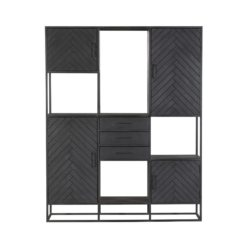 Vakkenkast XXL Zwart Mangohout - 200 cm Hoog - Visgraat Design en Metaal